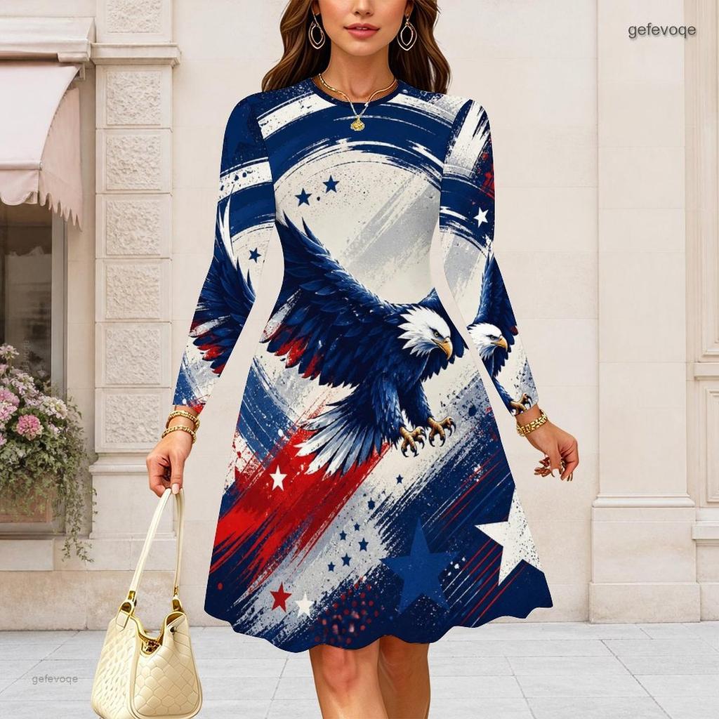 Women Plus Size Round Neck Long Sleeve Midi Dress Celestial Planet Star Patriotic Swirl Print High Waist Swing Dress