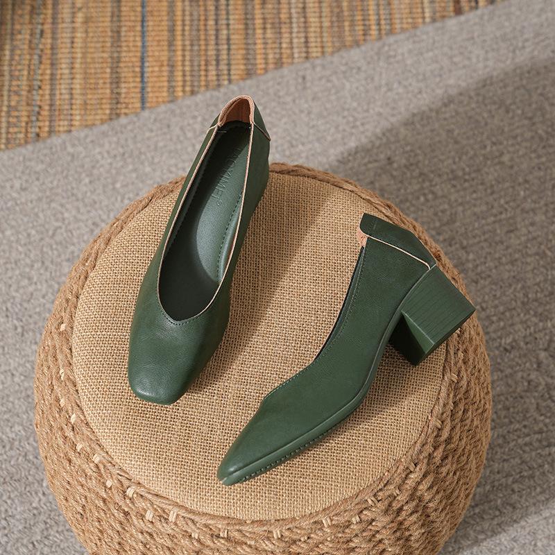 Leather 3.5cm thick heel middle heel single shoes women's spring and autumn new French square head professional work non-grinding feet grandma shoes