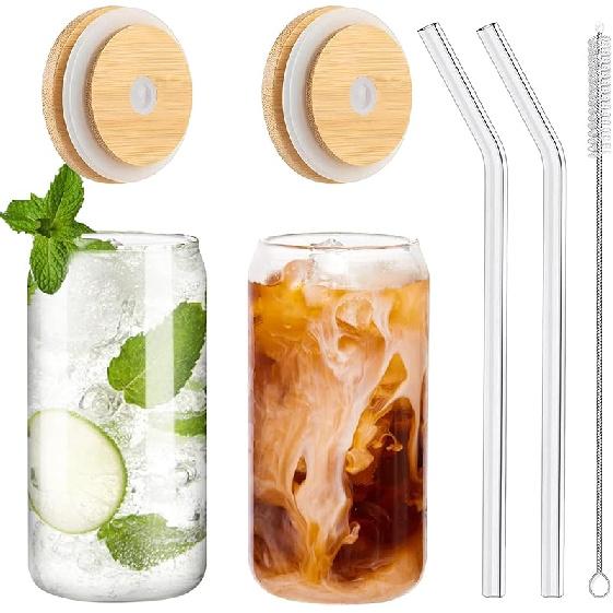 Drinking Glasses with Bamboo Lids and Glass Straw 2PCS Set, 16oz Glass Cups with Lids and Straws, Beer, Iced Coffee Glasses, Soda, Gift 1 Cleaning