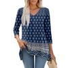 Women 3/4 Sleeve Tunic Prints Tops For  Loose Fit Casual Blouses V Neck T Shirts With Asymmetrical Hem