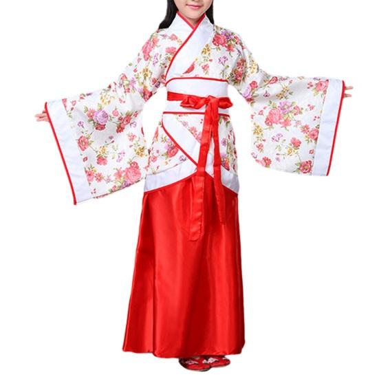 Girls Han Chinese Clothing Suit Wide-sleeves Floral Top Solid Color Long Skirt Wide Waist Band Kids Hanfu Kit Dance Stage Performance Costume