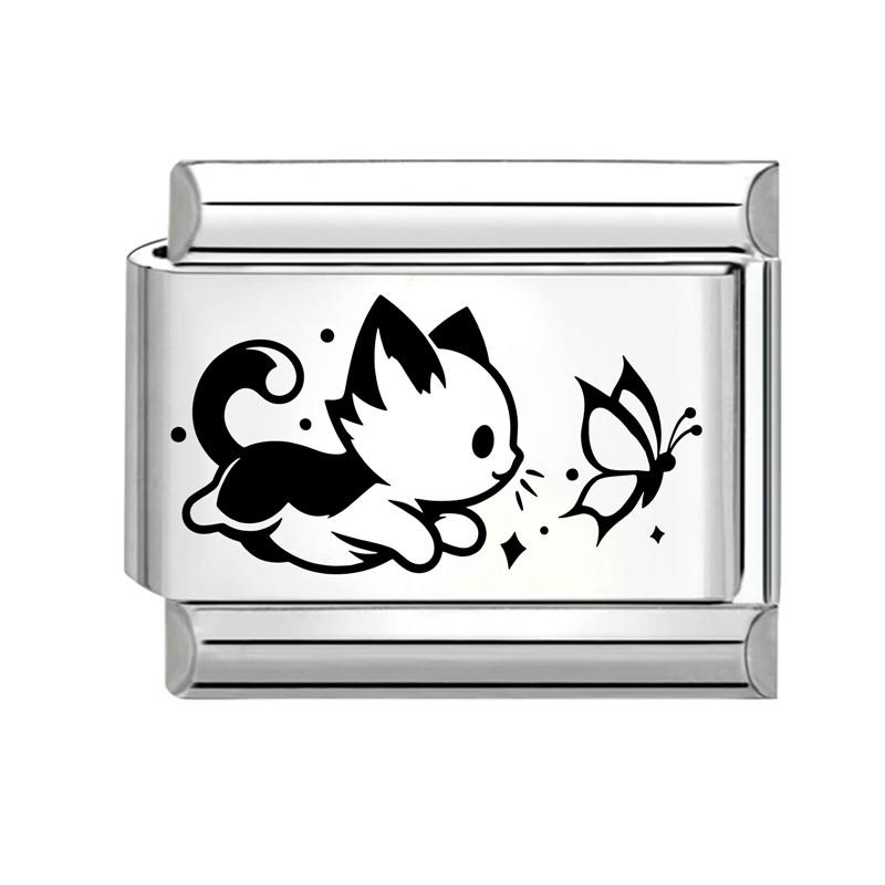 Fashion Cheese Painting Plate Lovely Cat Ball Heart Eyes Laser Engraving Charm Links Fit 9mm Stainless Steel Bracelet DIY Making