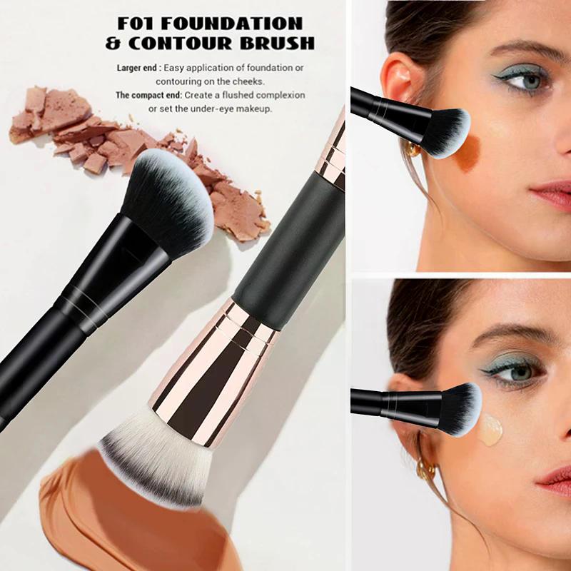 2 In 1 Professional Double Ended Makeup Brush Large Round Head And Handle For Foundation Concealer Setting Travel Make Up Tool