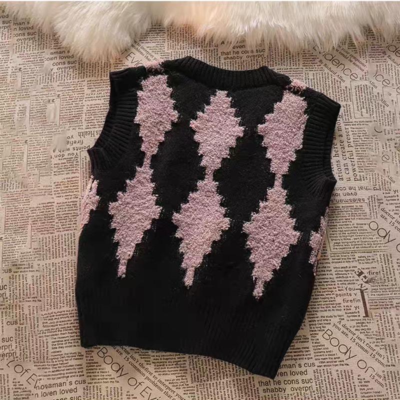 Fashion V-neck Argyle Printed Loose Women's Vest 2025 Spring and Autumn Sleeveless Elegant Knitted Pullover Sweater Tank Tops Female Clothing
