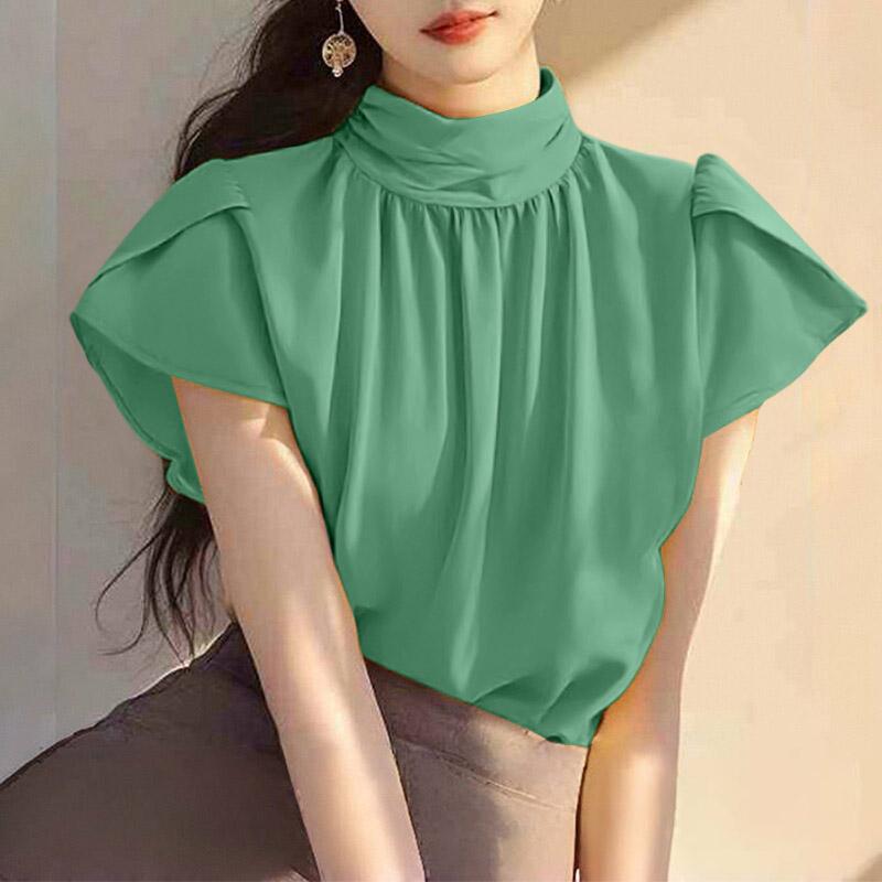 

ZANZEA Женская повседневная блузка с воротником-стойкой, коротким рукавом-лепестком, свободного кроя, летняя 3XL зелёный