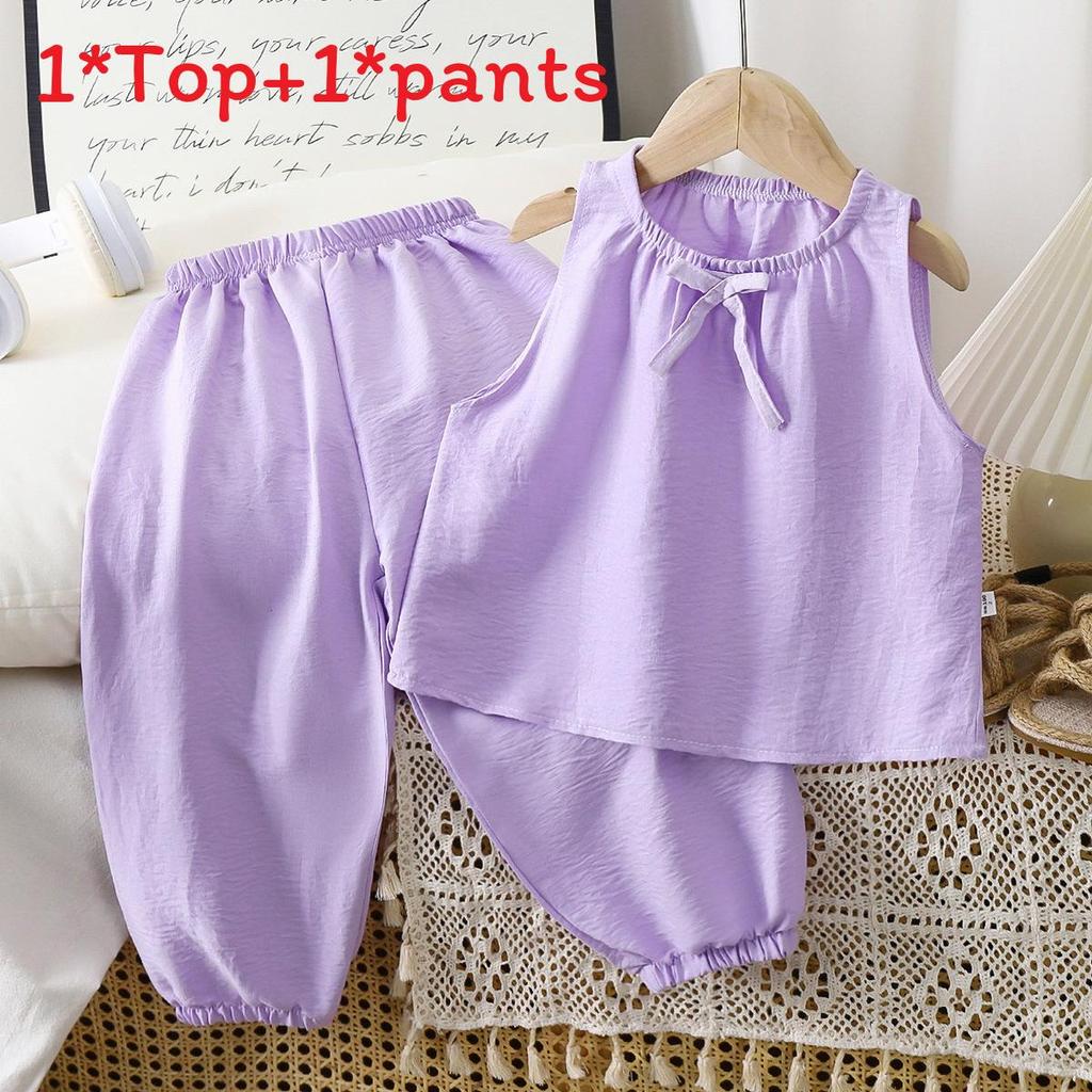 Girl Toddler Sleeveless Long Pants Set Summer Girls Cotton Blend Casual Lounge Wear For Kids