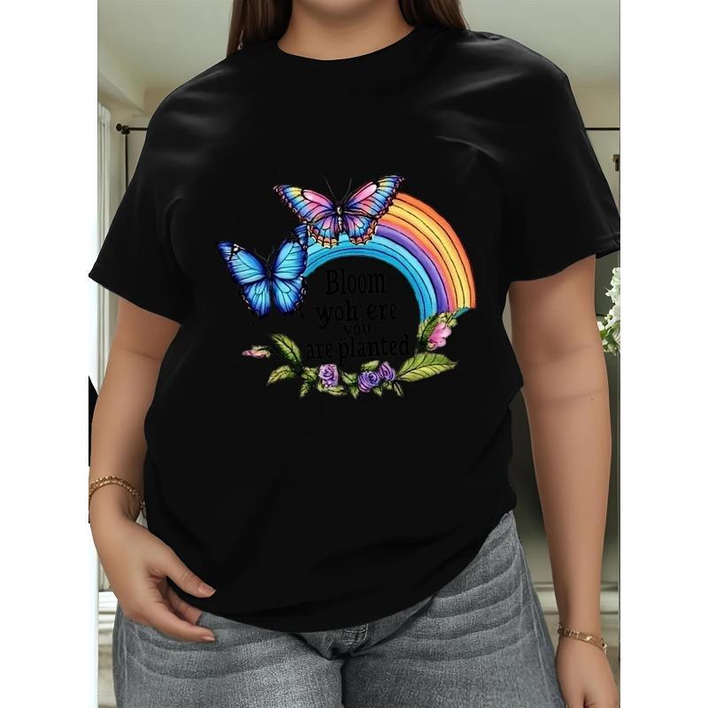 

Womens 180g Bloom Where Planted Quote Tee Butterfly Rainbow Floral Print Round Neck Short Sleeve Loose Lightweight Breathable Black White Summer S чёрный