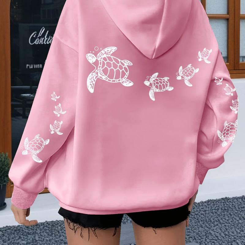 Ladies Spring Autumn Casual Hooded Long Sleeve Big Pocket Sea Turtle Printed Pullover Hoodies Sweatshirt Top