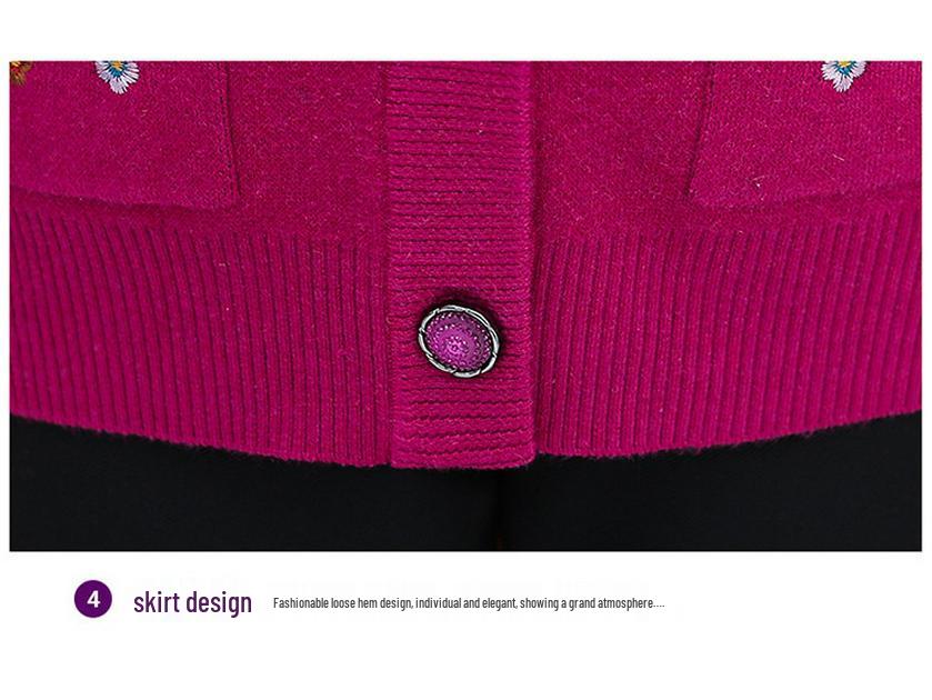 Embroidered Velvet-Enhanced Warm Cardigan for Women Aged 60-70