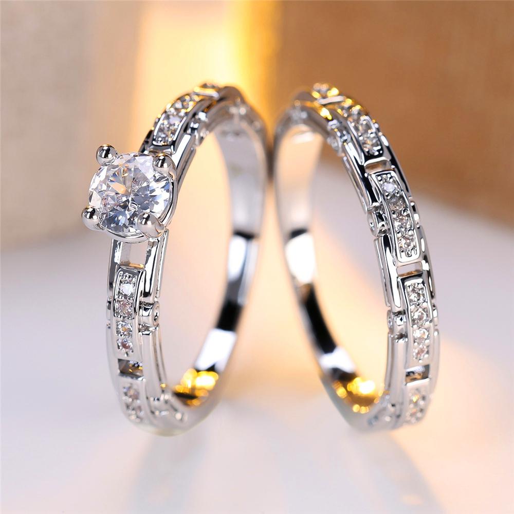 Crystal Female White Zircon Stone Ring Set Fashion Vintage Silver Color Bridal Wedding Engagement  For Women