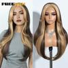 FREEDOM Synthetic Lace Front Wigs For Women 26 inch Straight Layered Wig With Bangs Ombre Brown Blonde Highlight Daily Party Wig