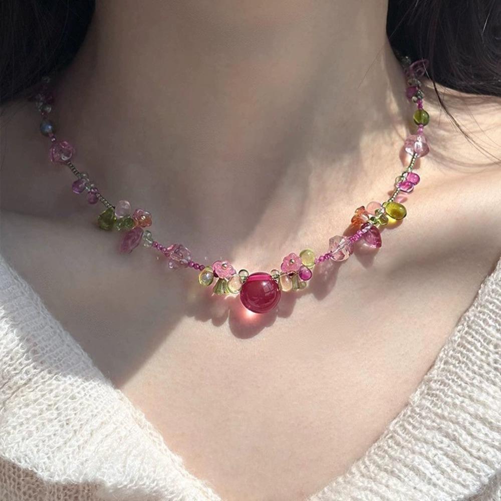 Cute Y2K Bohemian Cartoon Resin Cherry Fruit Flower Pendant Bead Choker Necklace for Girls Harajuku Charm Jewelry Accessories