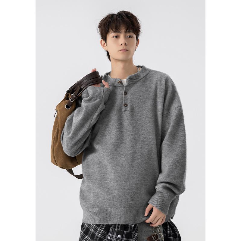 520g Men's Retro Henley Collar Heavyweight Sweater - Old Money Style, Casual Knit Hoodie, Plus Size, Autumn/Winter Wear