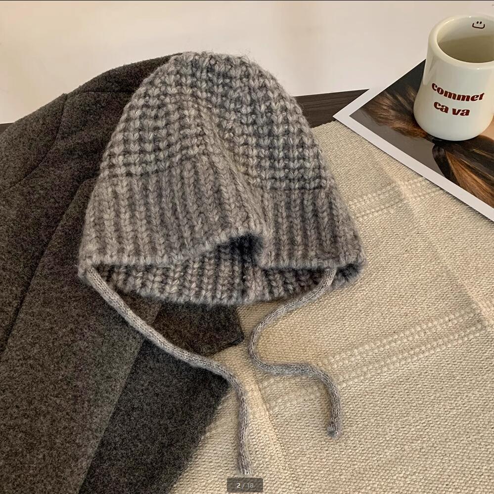 Big head circumference wool hat women's autumn and winter loose warm pile cold hat big face small knitted ear hat