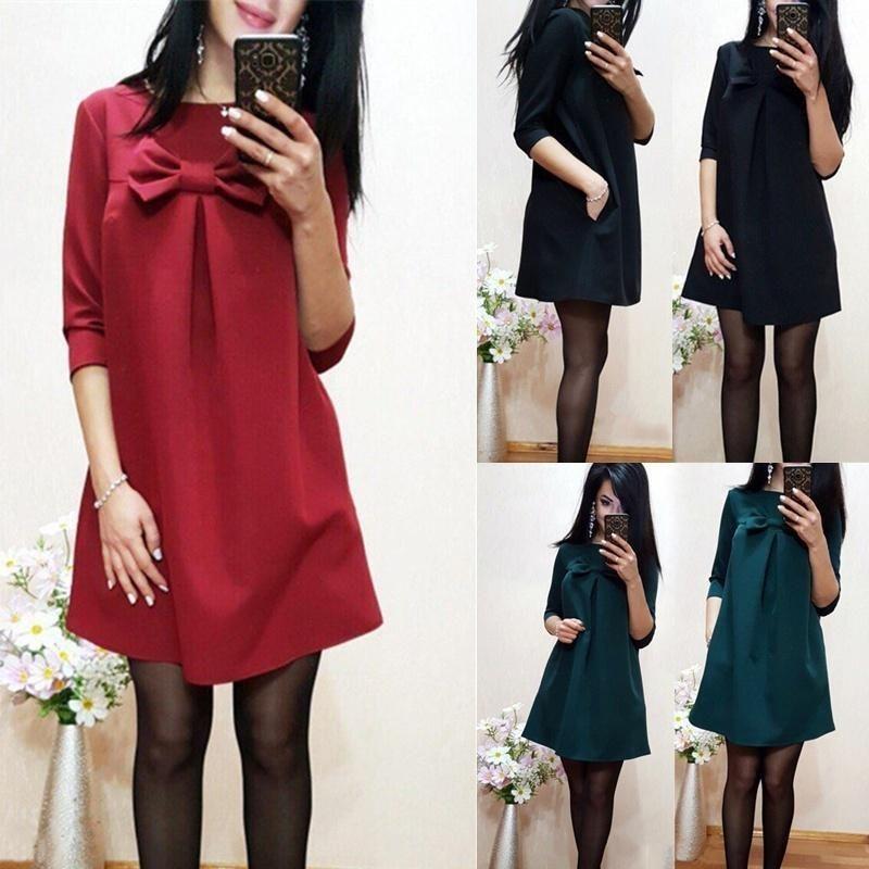 Elegant Cotton Blend Solid Color Dress With Sweet Bow Design For Stylish Commuters