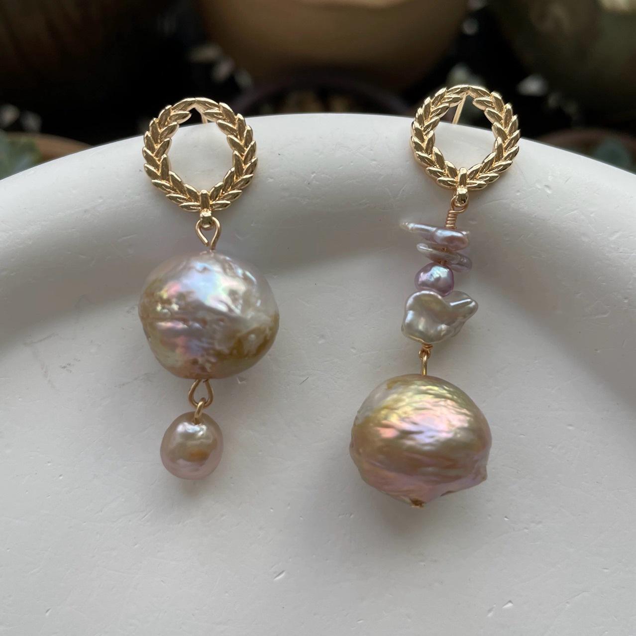 Wheat ears round flower earrings stud earrings retro natural pearl earrings baroque irregular crumple champagne pearl silver needle Silver needle