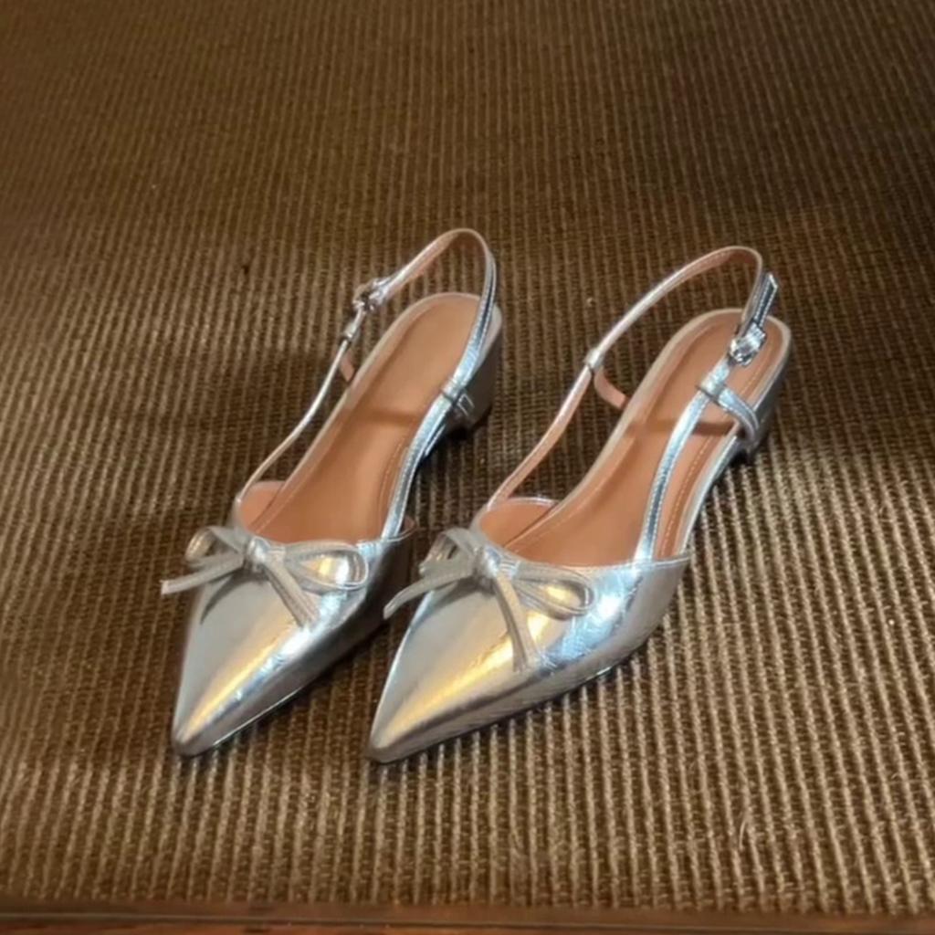 Pointed French bow one-word buckle with bag head sandals women's rear empty light mouth versatile thick heel single shoes