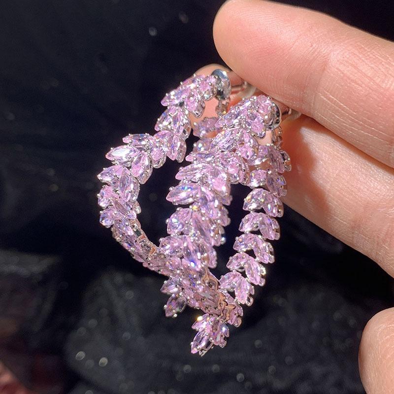 Pink Love Earrings Front and Rear Dual-purpose Integrated Super Flash Fairy Temperament Elegant Girl Heart Flow Su Leaf Earrings