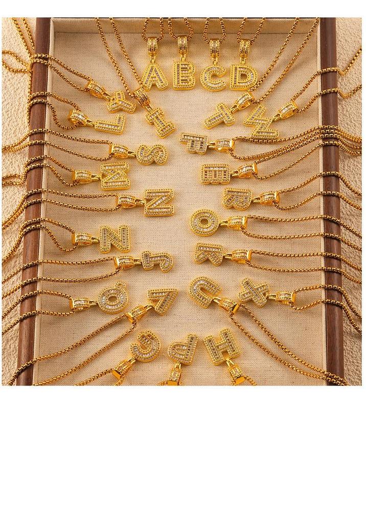 Minimalist Letter Inlaid Diamond Copper Pendant Necklace with Long Box Chain in Gold-Plated Titanium Steel