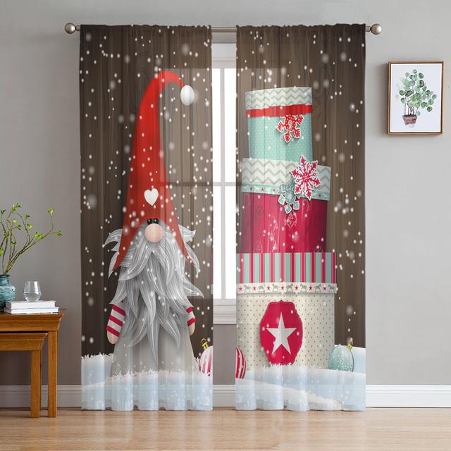 Christmas Gnome Wood Grain Snow Tulle Curtains For Living Room Decoration Modern Chiffon Sheer Voile Christmas Curtains