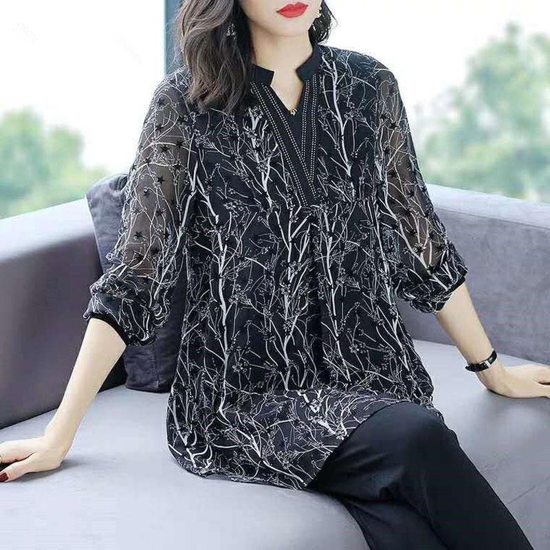 Women's Fashion Spliced Shirt Vintage Floral Printed Star Spring Autumn Casual V-Neck Long Sleeve Commute Loose Blouse