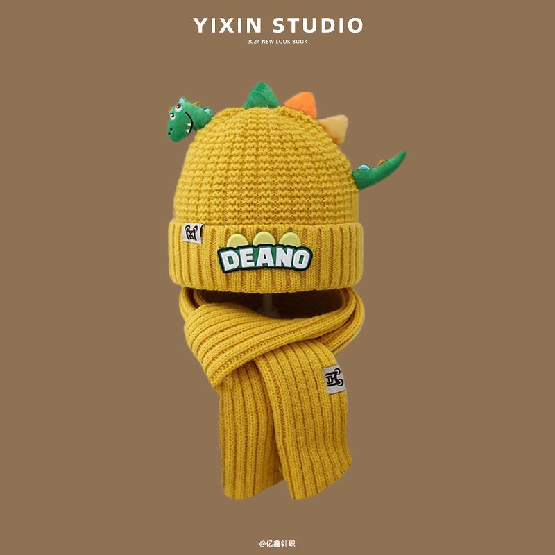 New Children's Hat Scarf Two-piece Set Cute Little Dinosaur Warm Knitted Wool Hat Outdoor Children's Pullover Hat