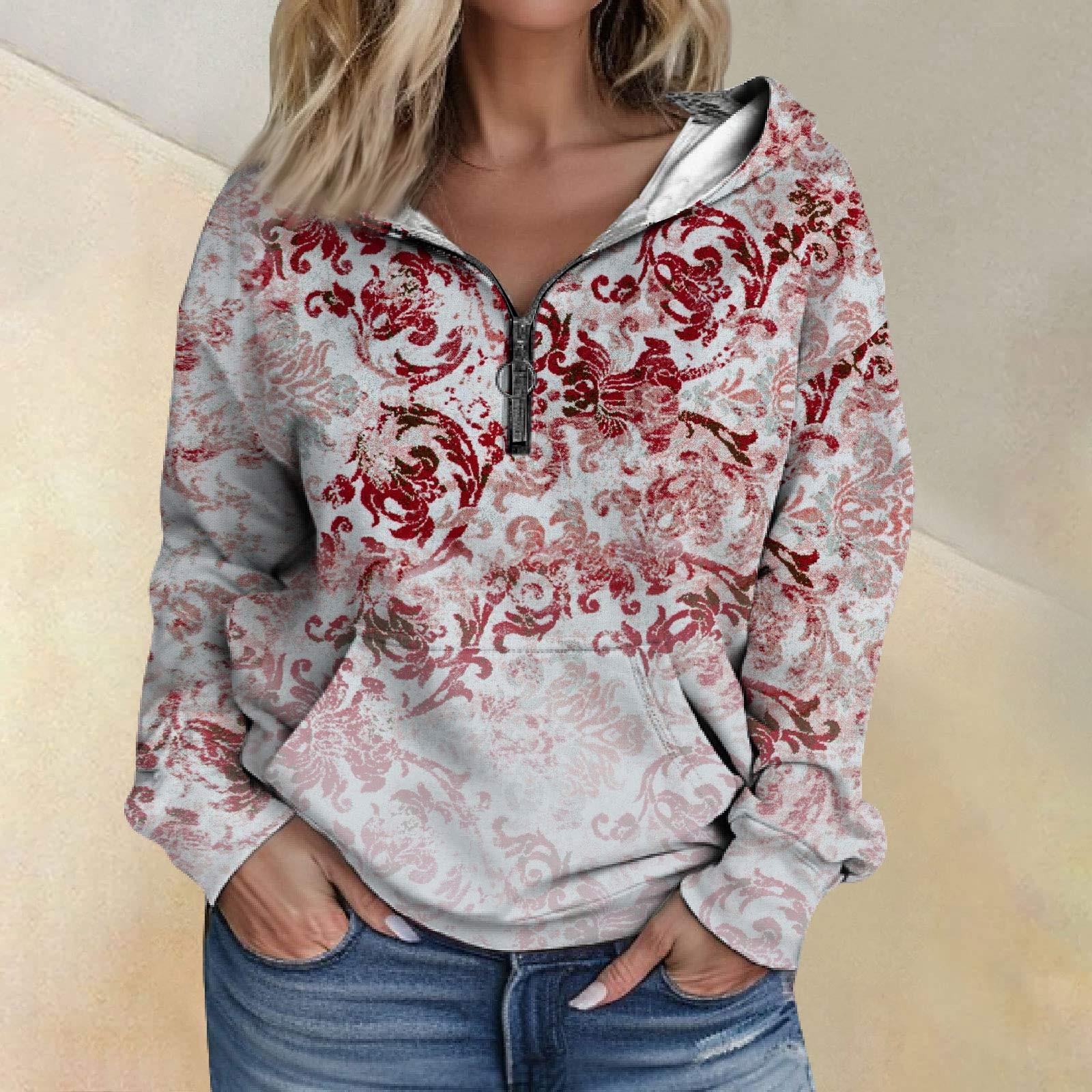 

Женская мода с длинным рукавом и принтом, свободная толстовка с капюшоном на молнии и карманами XL розовый