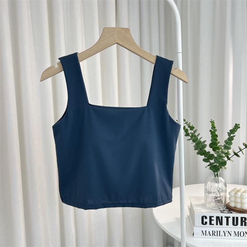 

Женская майка Ice Silk с широкими плечами, накладкой на грудь, квадратным вырезом и открытым пупком для летней спортивной одежды One Size 75-125jin темно-синий