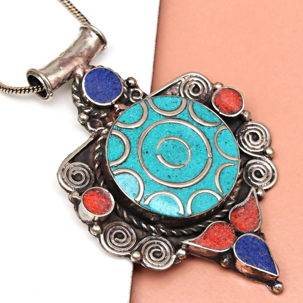 Handmade Tibetan Silver Gemstone Turquoise Red Coral Nepali Necklace Jewelry