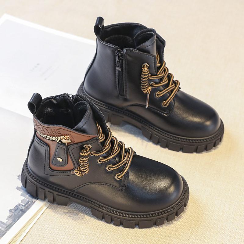 Boy's Winter Boots Fashionable Plush Warm and Casual High Top Cotton Boots Mid-Top Boots Fashion Black Boots