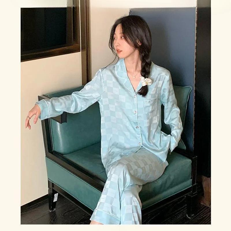 Women Spring Autumn Two Pieces Sets Pajamas Long-sleeved Cardigan Lapel Trousers Sleepwear Thin Plaid Loose Soft Silk Homewear