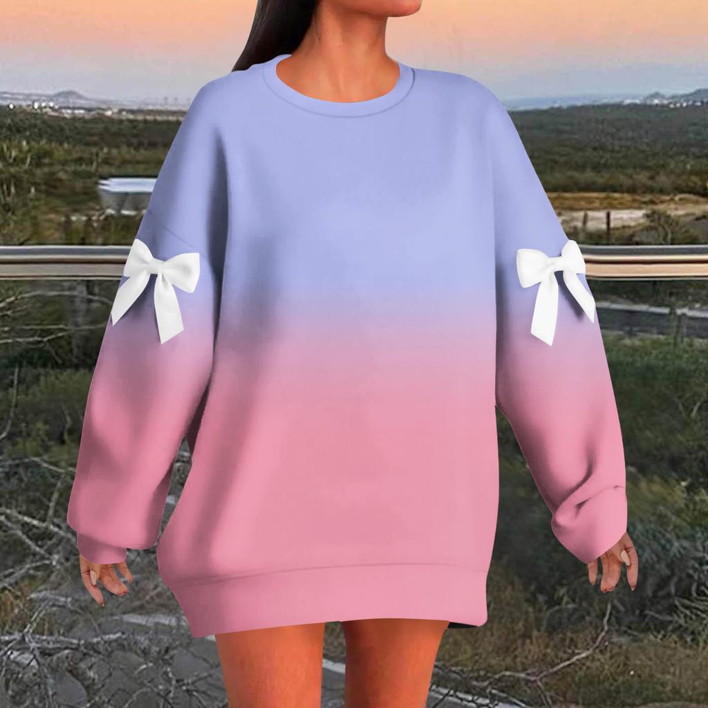 Women's Graduated Print Bow Round Neck Long Sleeve Loose Pullover Sweatshirt T-Shirt