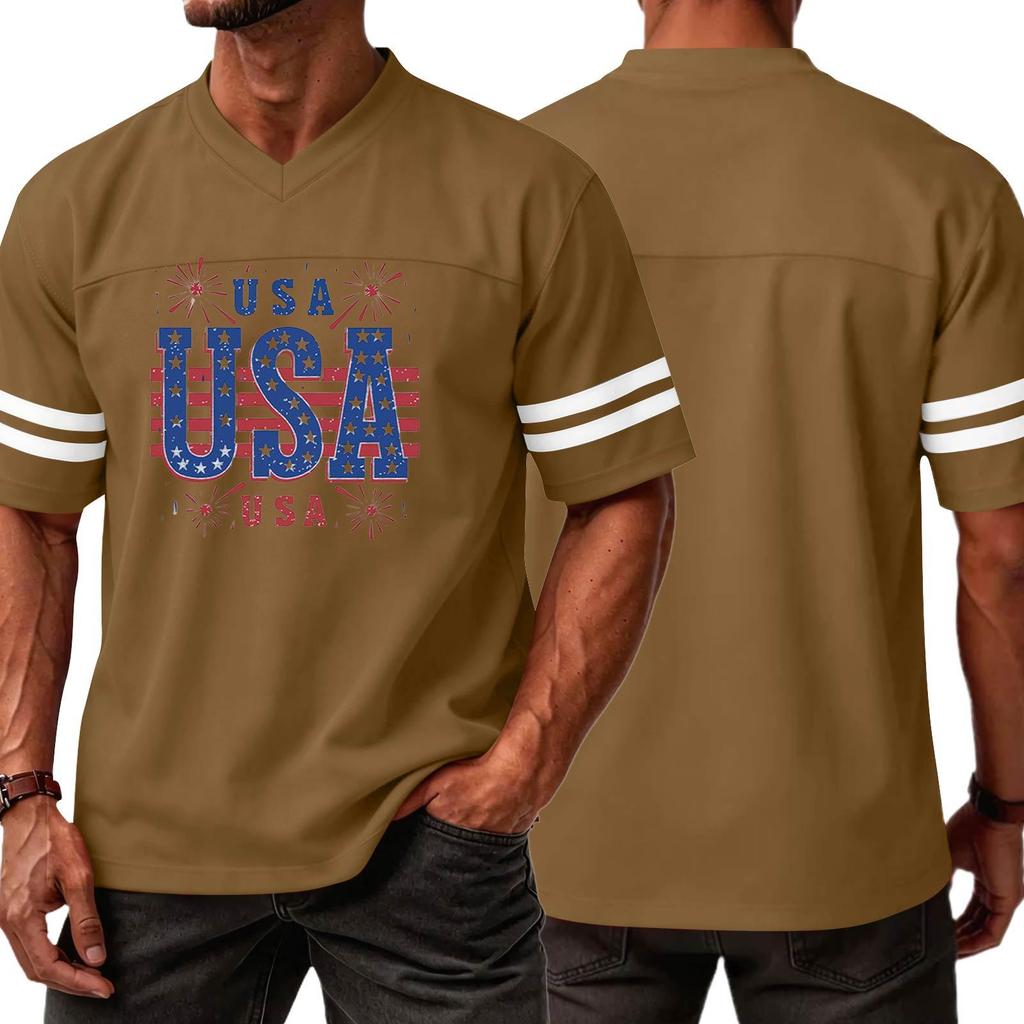 Men V Neck Casual Short Sleeve Sports T Shirt with USA Print Athletic Fit Comfortable Lightweight Top for Daily Wear