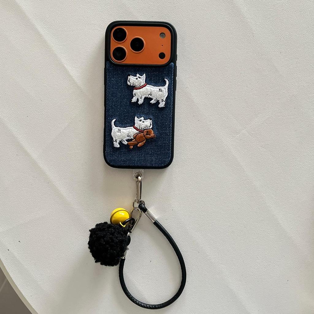Plush Embroidered Denim Dog iPhone 16/15/14/Pro Max Case with Hand Strap