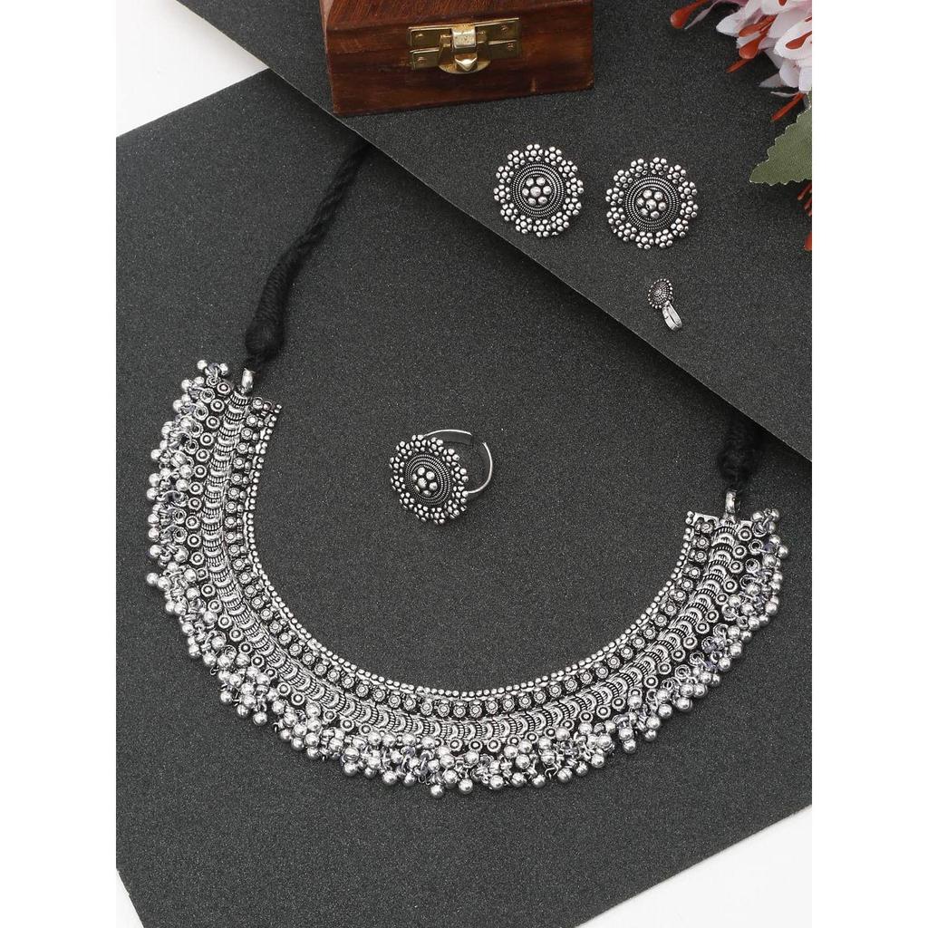 Fashion Jewellery Set for Women Antique Oxidised Silver Plated Tribal Jewellery Necklace Earring Set for Women & Girls