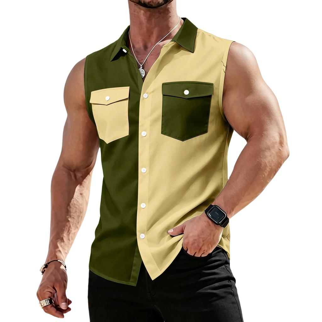 Men's Workwear Lapel Button-Down Vest Shirt - Lightweight Sleeveless Top