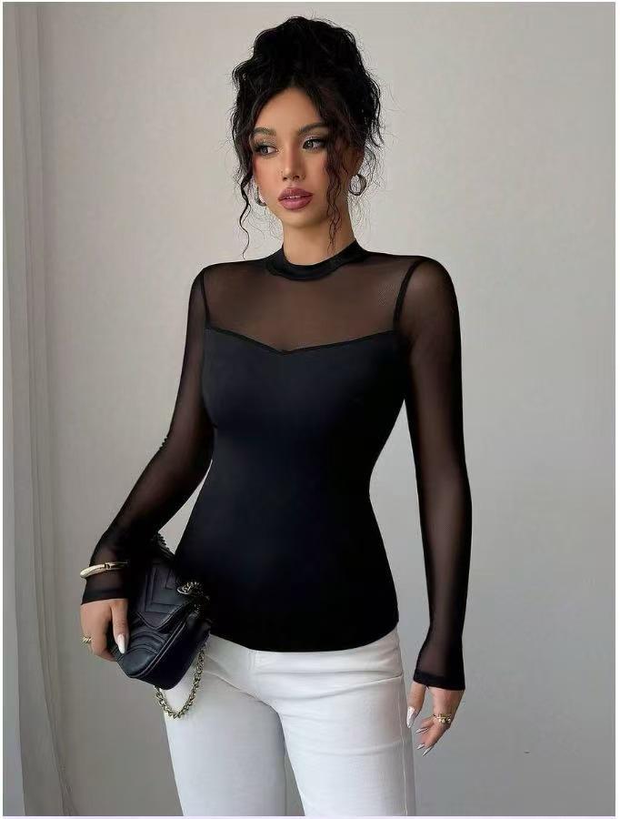 2025 Elegant Women's Solid Color Patchwork Slim-fit Long Sleeve Top for Autumn/Winter