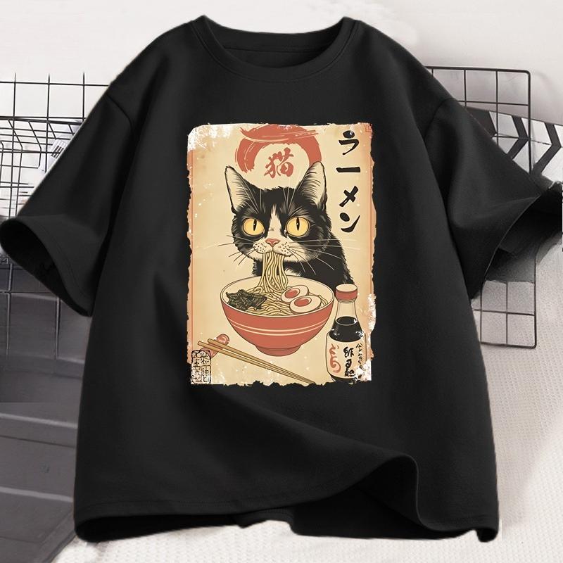 Ramen Cat T-shirt Japanese Style Black Cat Eating Ramen Grpahic T Shirts TrendySoft Short Sleeve Clothing S