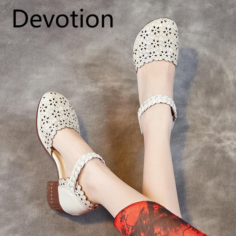 Summer Sandals Cowhide Thick Heel Soft Bottom Breathable Cave Shoes Retro Women's Shoes Leather Sandals Devotion