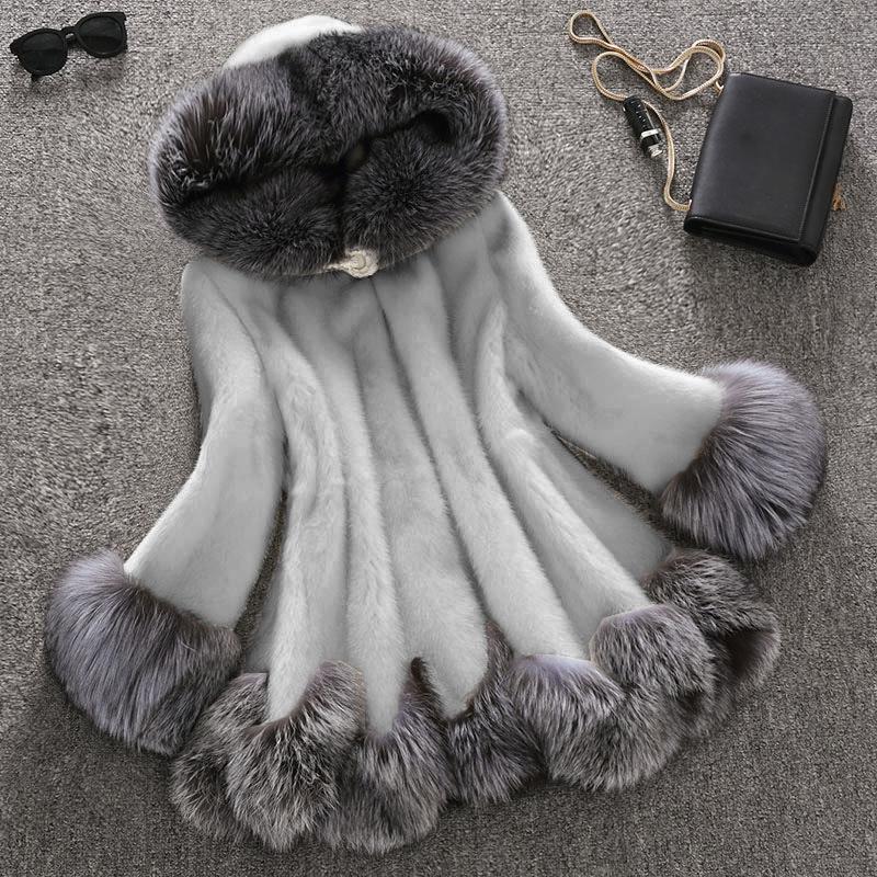 Aux Fur Coat Women Autumn and Winter Mink Coat Fox Fur Collar Hooded Jacket Plus Size 6XL Top Fur Female Christmas Clothes