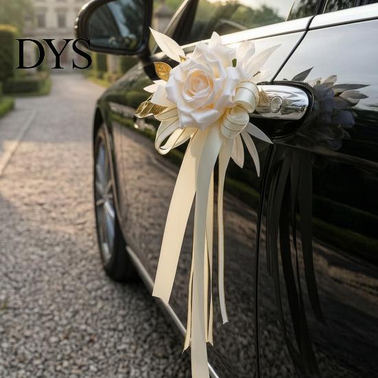 Champagne Rose Car Handle Decor Wedding Artificial Rose, Door Rearview Mirror Flower Reusable Decorative with Ribbon Bow, Suction Cup, Bridal
