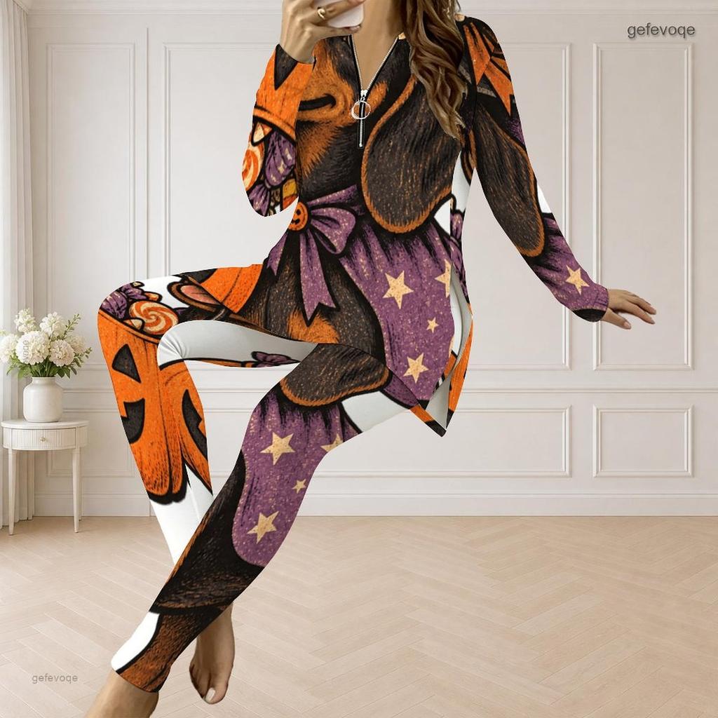 Women Plus Size Halloween Printed Half Zip Long Sleeve Longline Top And Fitted Pants Two Piece Set