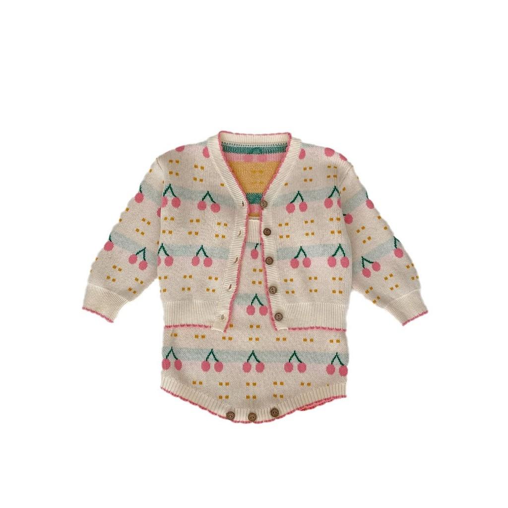 Adorable Cherry Pattern Knitted Baby Girl Jacket And Romper Set For Autumn 2023