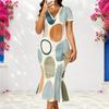 Women Plus Size V Neck Short Sleeve Fitted Abstract Printed Fishtail Dress