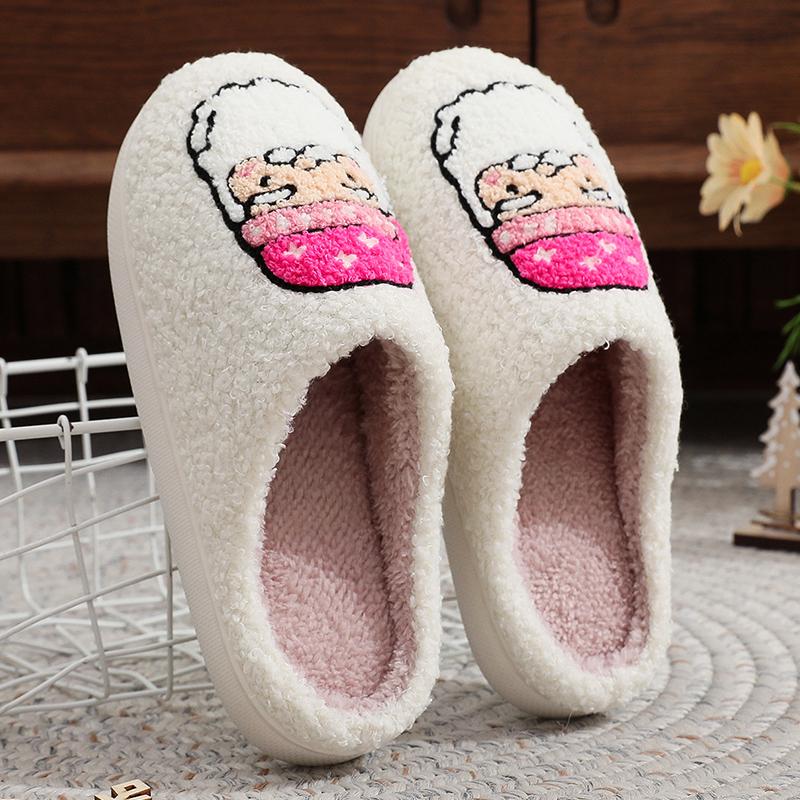 Fashion Cartoon Santa Claus Cotton Slippers Women Winter Soft Faux Fur Plush Slides Woman Non Slip Wear Resistant Indoor Slipper Lady