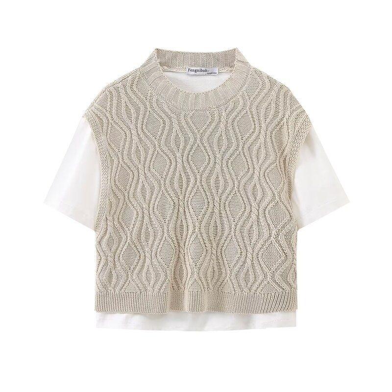 Fashion Style 2024 Summer New Women's Easiest for Match Stylish Warp Knitted Fabric Patchwork T-shirt 1131342 712