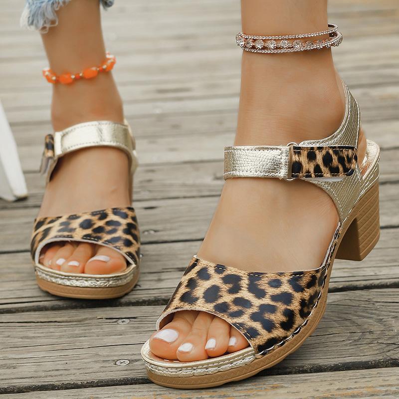 Fashion Leopard Print Thick Heeled Sandals Women Lightweight Ankle Strap Summer Gladiator Shoes Woman Comfort High Heel Platform Sandles