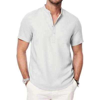 Herren Henley Kragen T-Shirt Baumwolle Leinen Knopf Tasche T-Shirts Lässig Kurzarm Urlaubs-Strandstil Einfarbig Leichtgewichtige Oberteile
