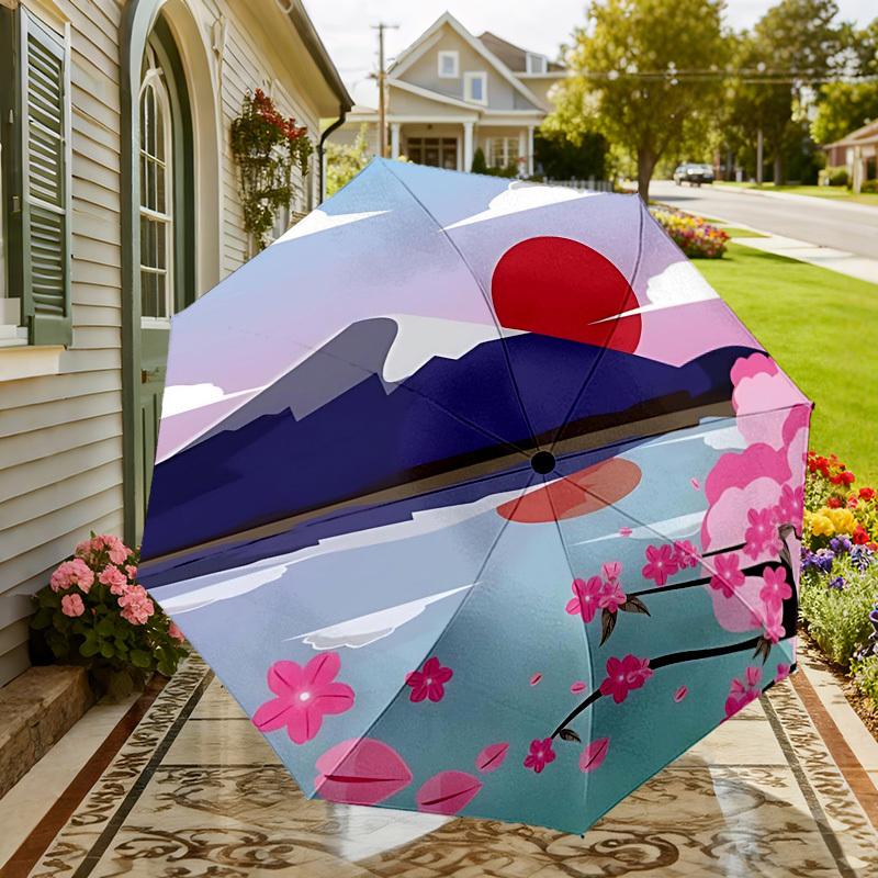 1pc Mount Fuji Cherry Blossoms Automatic Folding Umbrella 8 Rib Iron Frame,  Suitable for Travel, Daily Use, Birthday, Women & Men Gift C1231051