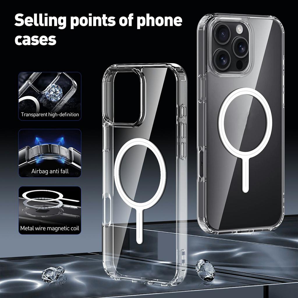 For iPhone 16 Pro Max Magnetic Case TPU+Acrylic Clear Phone Back Cover